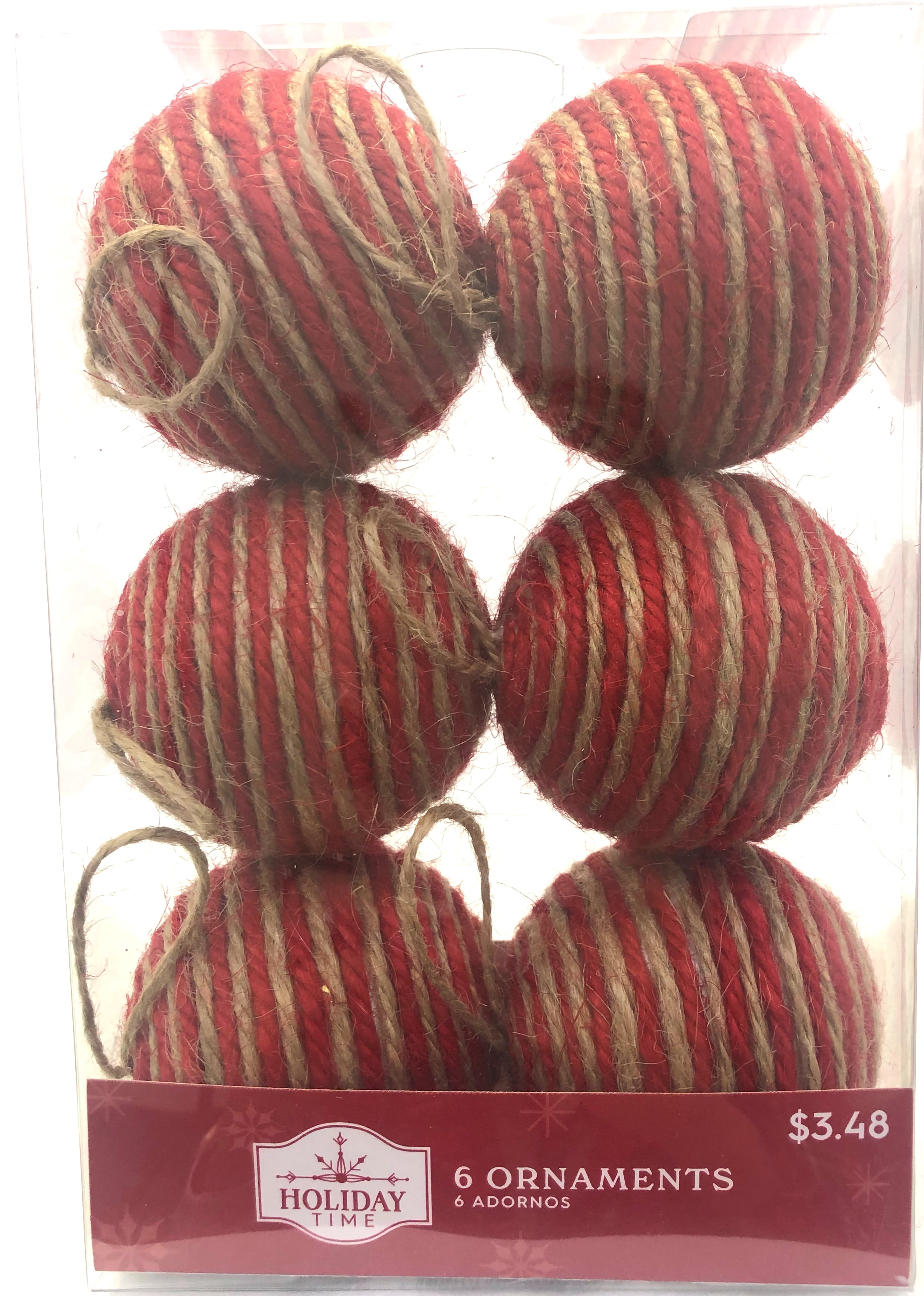 Holiday Time Red Natural Twine Ball Shatterproof Christmas Ornament 6 Count