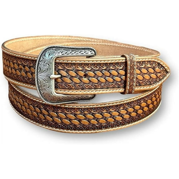 Men's Western Leather Cowboy Belt Tooled Embossed Handmade Belt with Removable Buckle 1.5” Wide