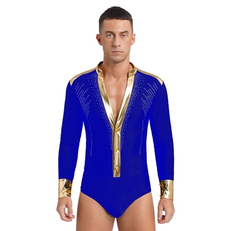 LiiYii Mens Shiny Rhinestones Modern Jazz Latin Dance Costume Long Sleeve Fitness Tango Salsa Chacha Blue L