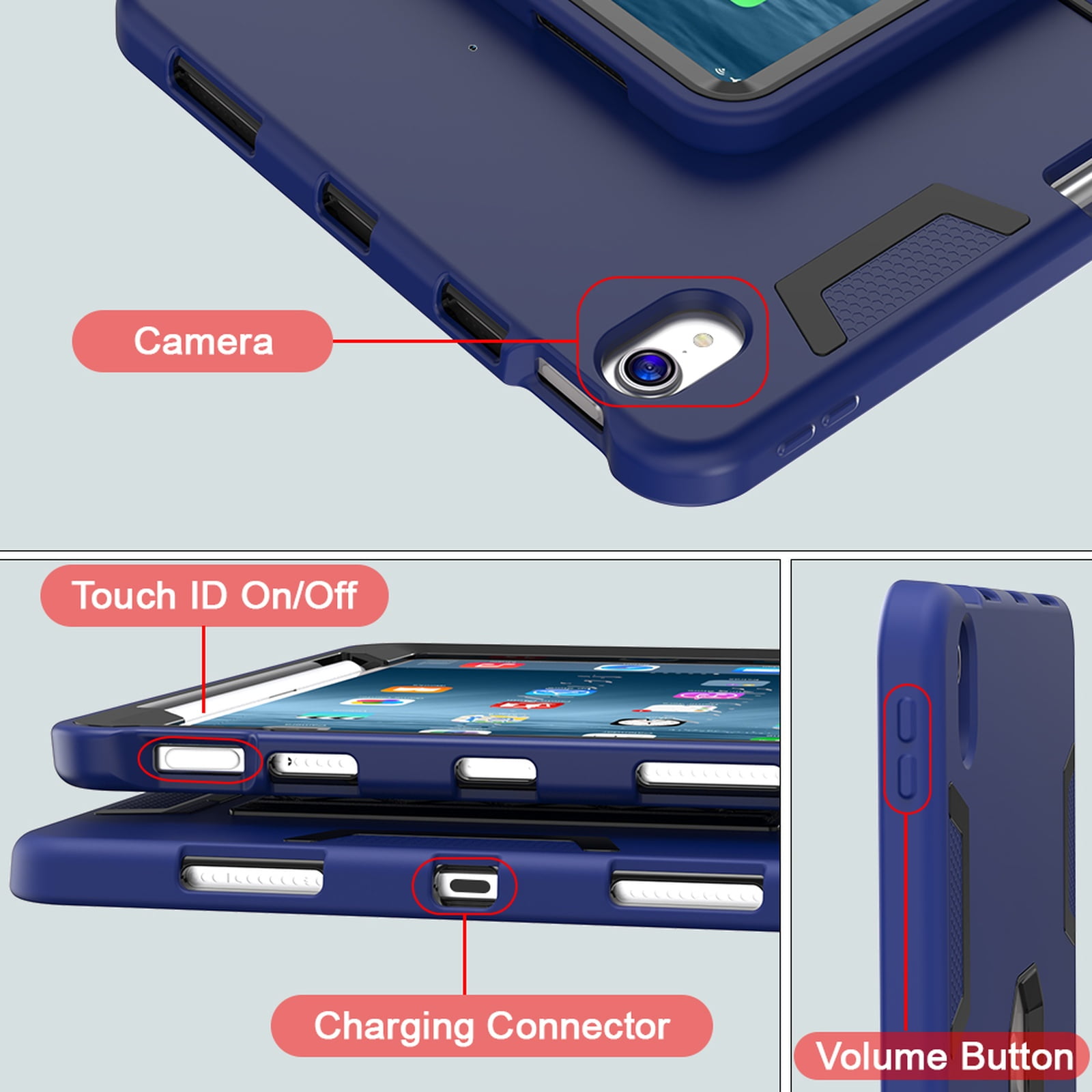 Rugged Case for Apple iPad Air 11 Inch M4 M3 M2 2026 2025 2024, Heavy Duty Shockproof Back Cover with Kickstand & Pencil Holder Shock-Absorbent TPU+PC Case for iPad Air 11, Navyblue