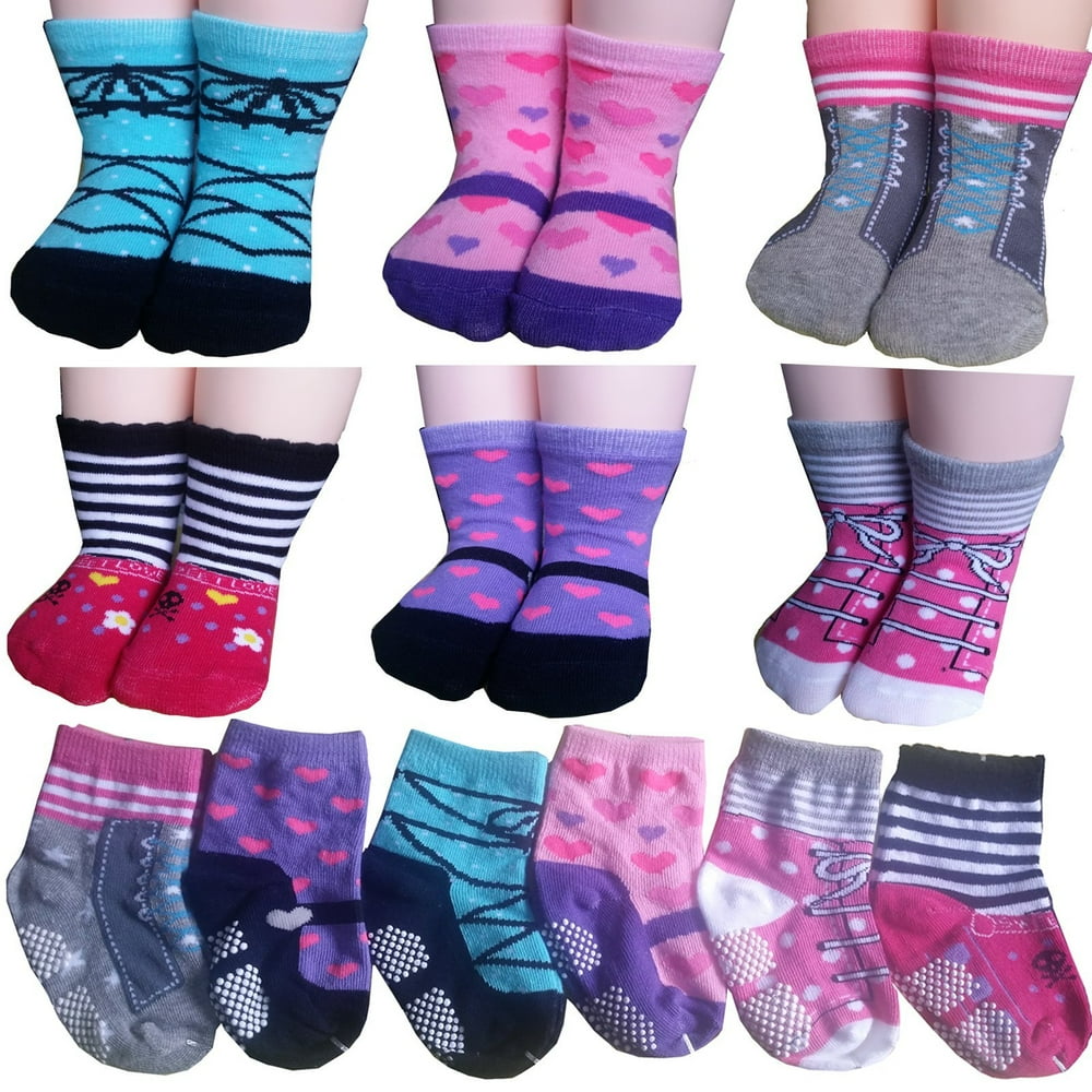 NonSkid Gripper Assorted 6 Pairs 1224 Months Baby Girl Toddler Socks Anti Slip Stretch Knit