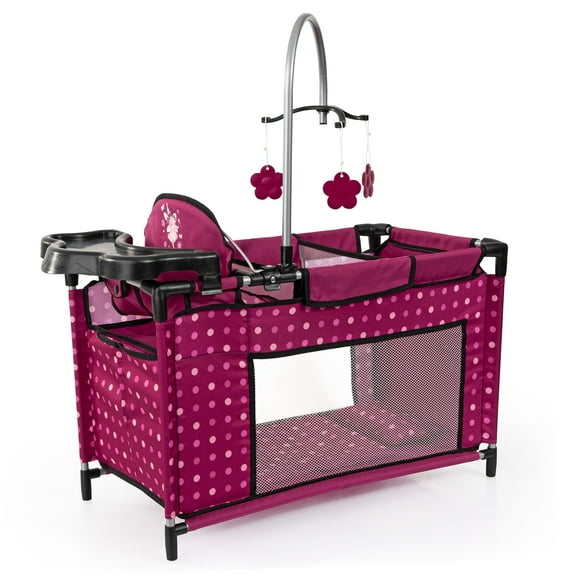 Bayer Design Dolls: Multi Bed - Hot Pink, Dots, Fairy - Playpen For Dolls Up To 18", Built-In Highchair & Mobile, Pillow & Blanket, Kids Toy, Age 3 