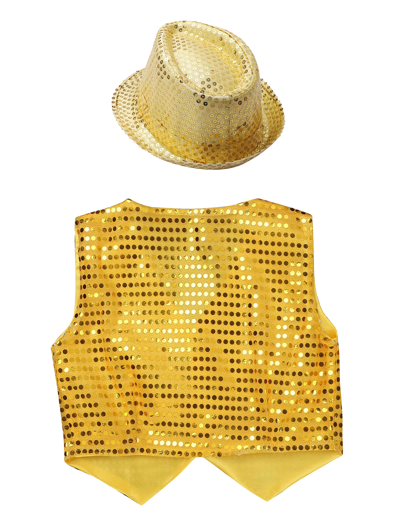 IEFIEL Kids Boys Sparkle Sequins Button Down Vest with Hat Dance Outfit Set Hip Hop Jazz Stage Performance Costume Gold 11-12 - image 4 of 7