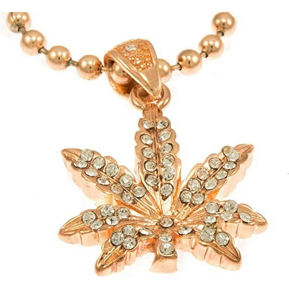 Hot New Rose Gold Tone Marijuana Weed Leaf Mini Pave CZ Stones Pendant Necklace 30" Ball Chain