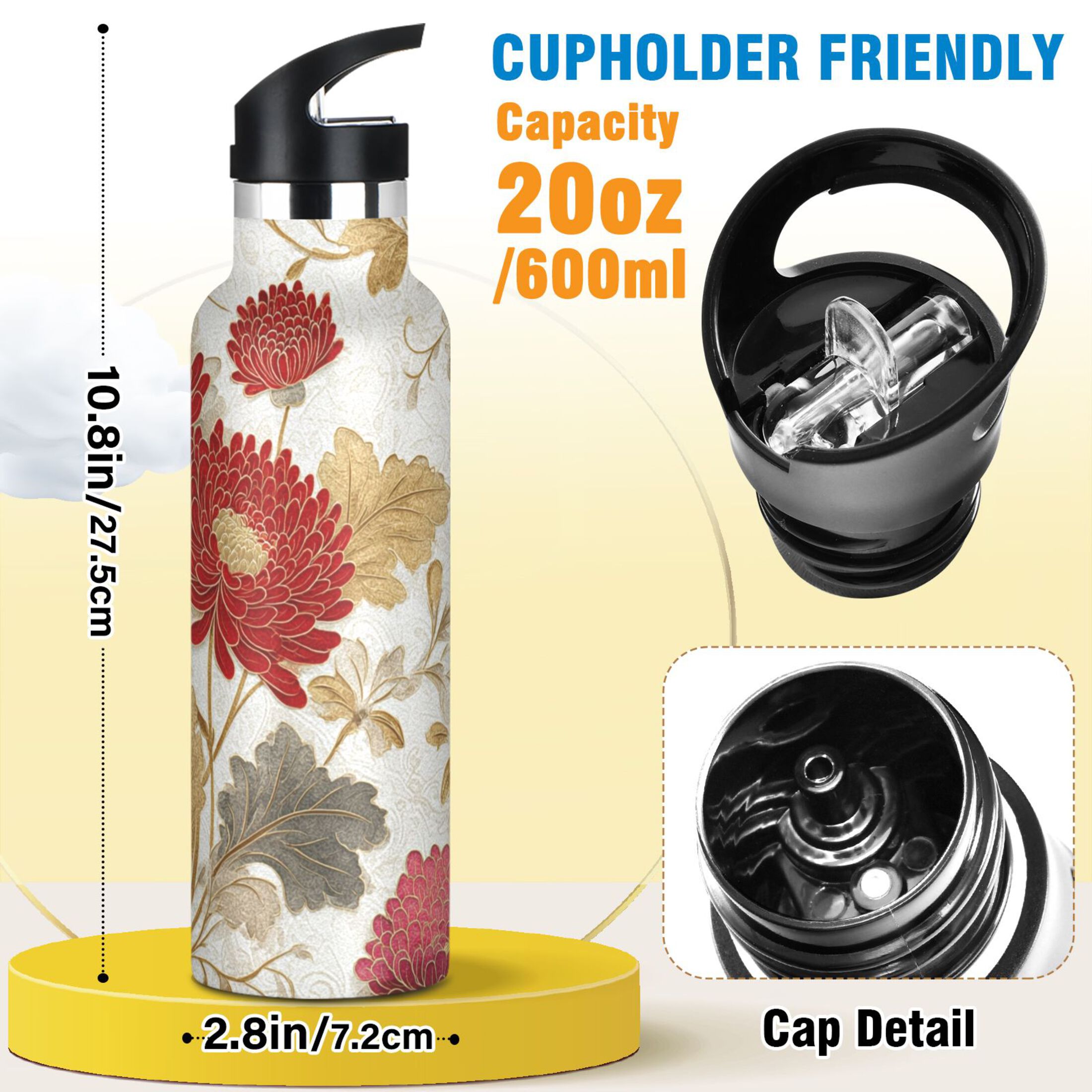 Kids Insulated Stainless Steel Sports Water Bottle 600ml (20oz) Red Chrysanthemum Pattern
