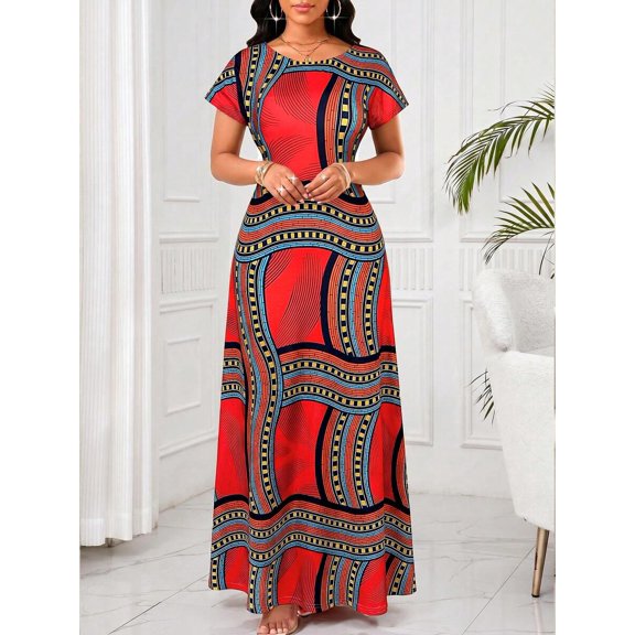 Red African Print Maxi Dress With Short Sleeves And Scoop Neck
