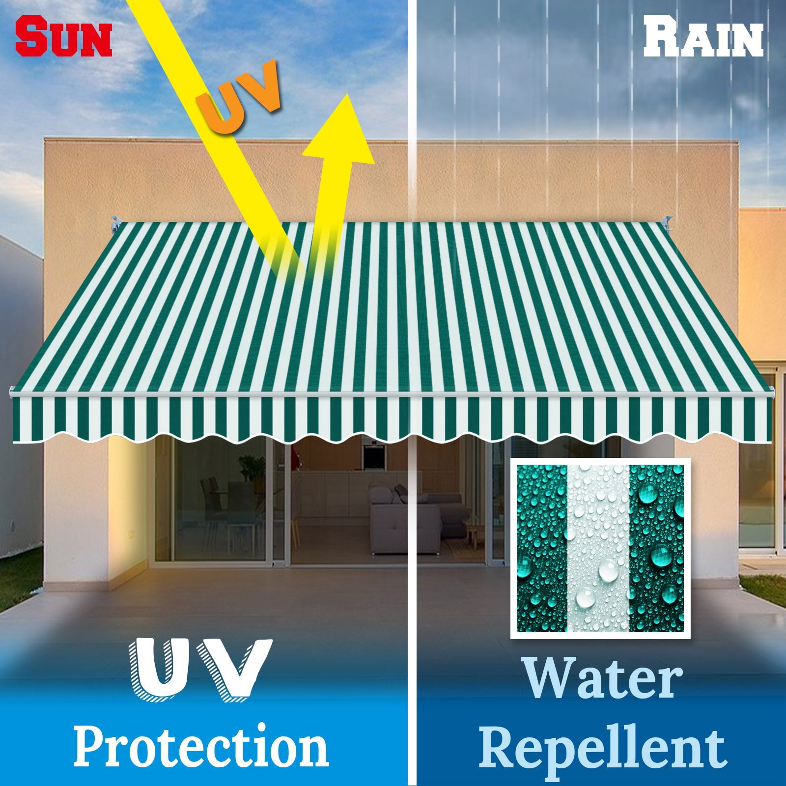 SUNNYOUTDOOR 12x10 FT Patio Awning Retractable Outdoor Sun Shade Manual Patio Deck Awning Heavy Duty Awning (Green with white)