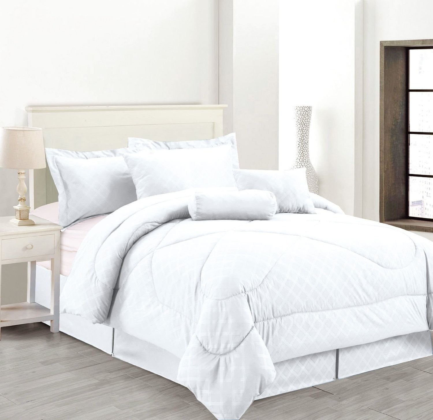 Luxury Hotel 8Pc Embossed Solid OverSized Comforter Set White Queen Size