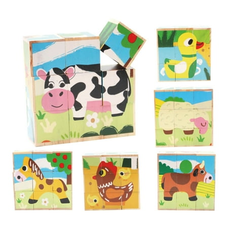

TOYMYTOY 9Pcs Children s Puzzle Toy Wooden Jigsaw Six Sides Draw 3D Three-dimensional Blocks (Farm Animals Random Pattern)