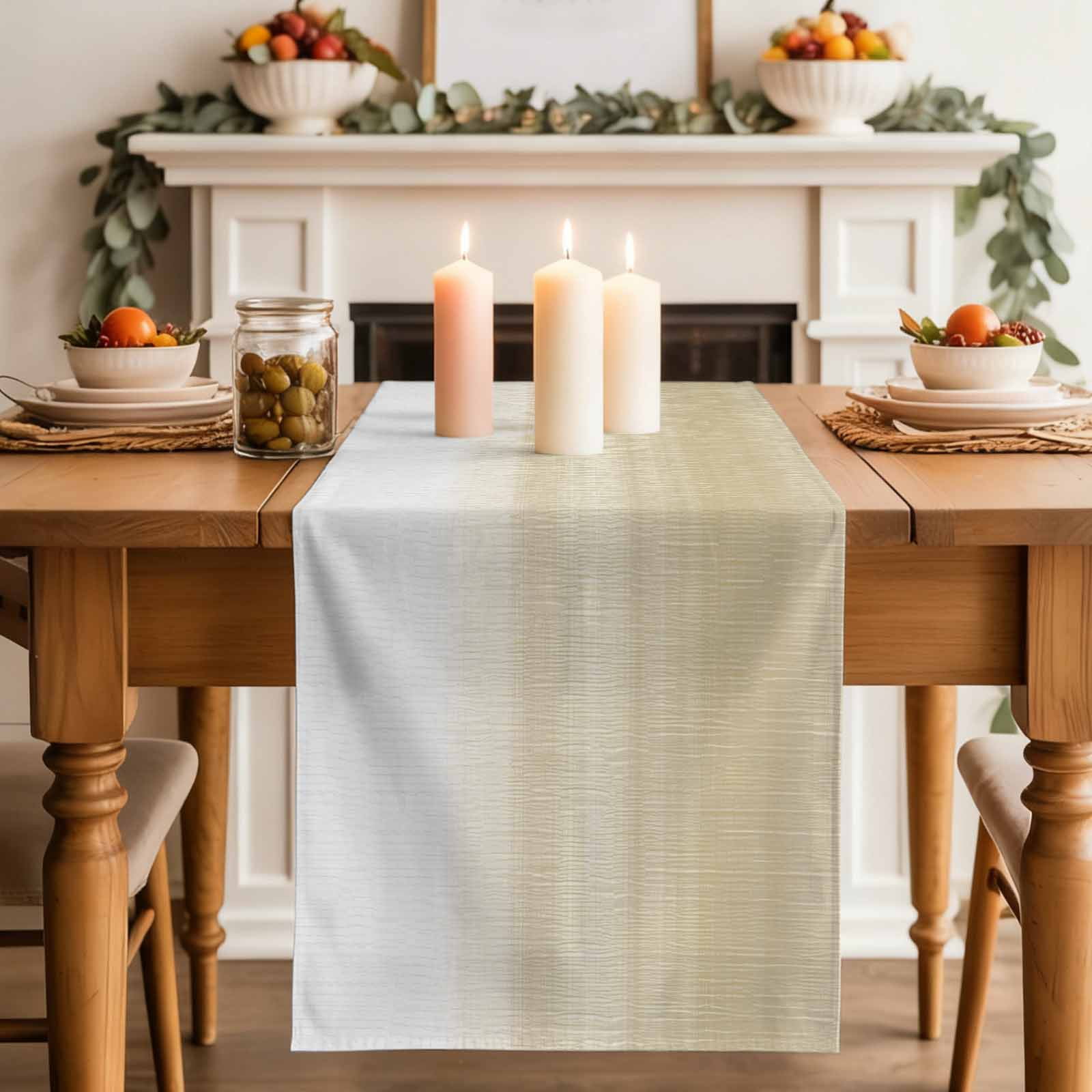 Beige White Stripes Table Runner, Farmhouse Modern Gradient Lines Washable Cotton Linen Table Runners 48 Inches Long, Dresser Scarf Runner for Nightstand/Coffee/End Tables 13''x48''