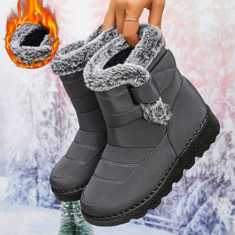 Gray Fleece Lined Mid Calf Boots Women Winter Warm Comfortable