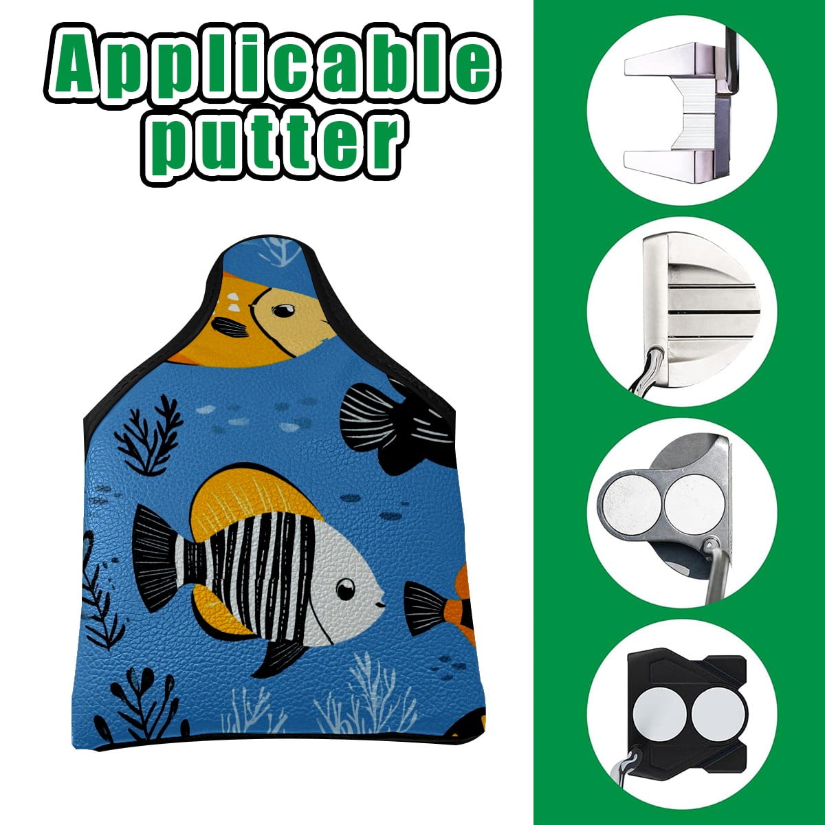 Golf Mallet Putter Cover Premium Leather Waterproof Golf Putter Head Cover with Magnetic Closure Cartoon Tropical Fish