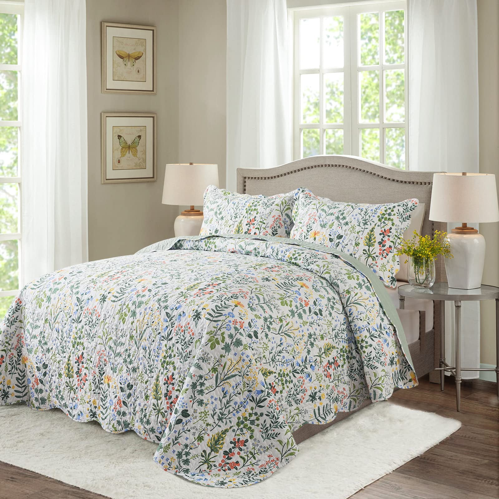EWAYBY 3-Pieces Green Floral Quilt Sets, King