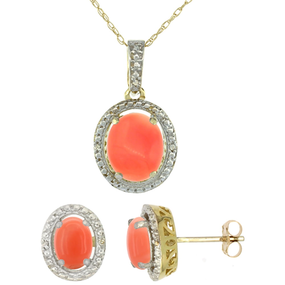 10K Yellow Gold Natural Oval Coral Earrings & Pendant Set Diamond Accents by WorldJewels