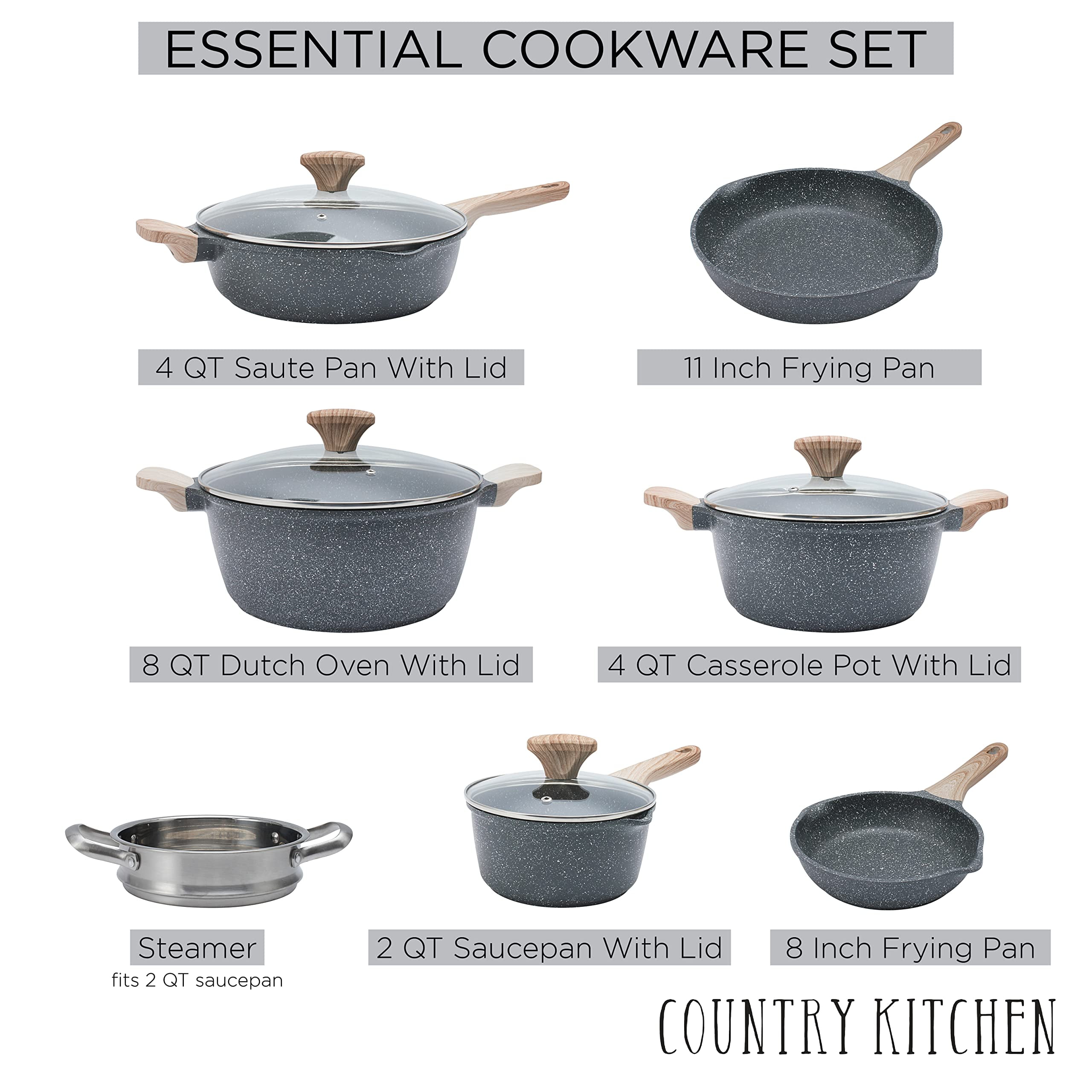 Country Kitchen Pots and Pans Set Nonstick, 11 Piece Cookware Sets 