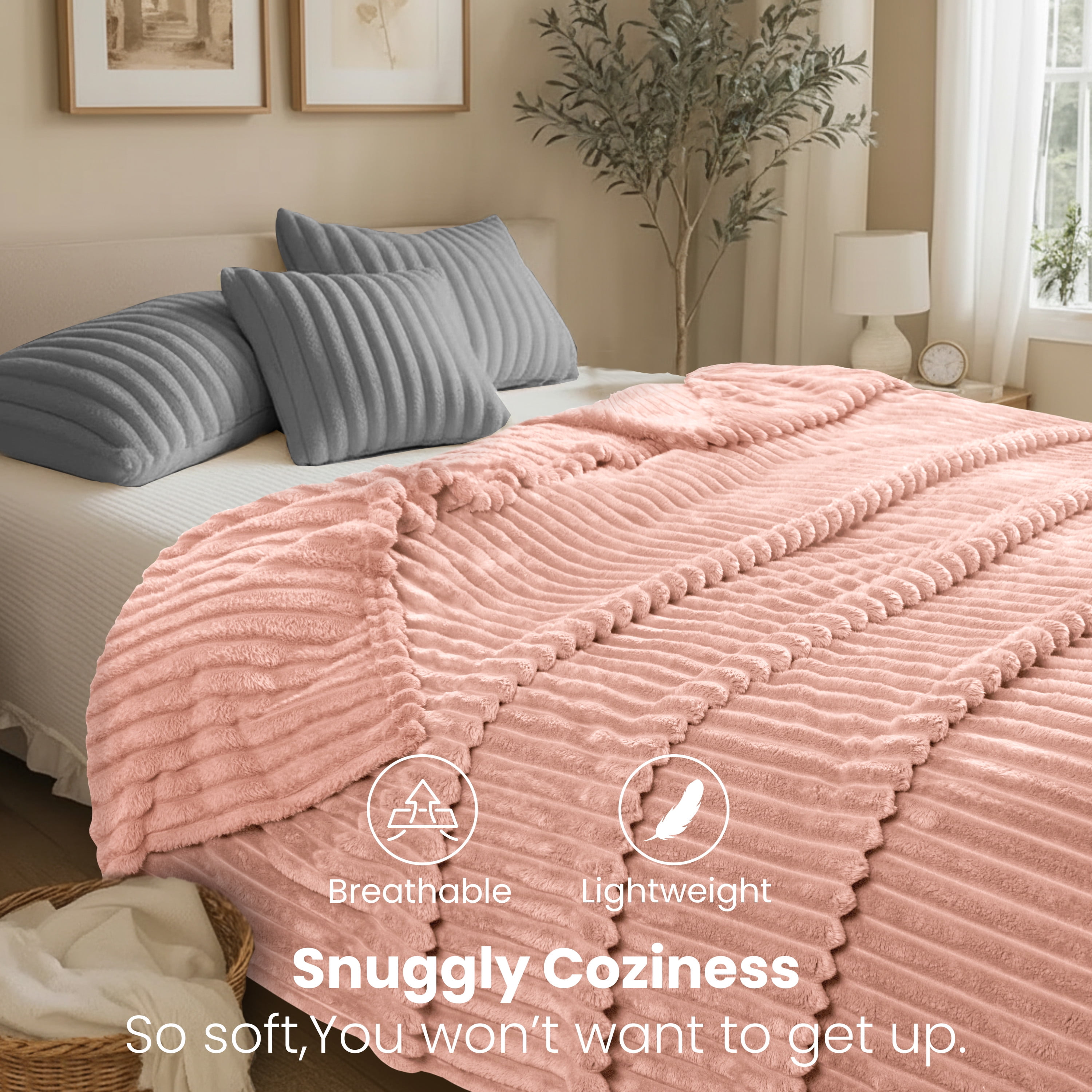 Fleece Blanket Queen Size 90" x 100" - 400GSM Oversized Soft Throw Blanket, Lightweight with Stripes Design Winter Blanket for Bed Sofa Couch