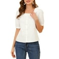 thumbnail image 5 of Allegra K Women's Square Neck Cotton Button Decor Short Sleeve Blouse Top, 5 of 7