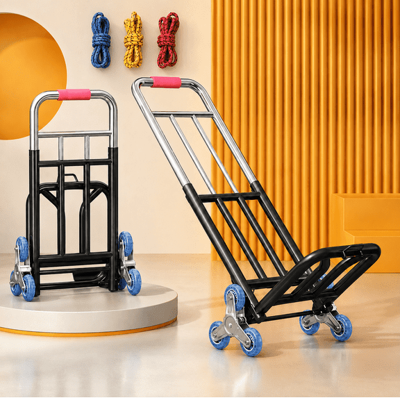6-Wheel Folding Stair Climbing Cart — Metal Frame Hand Truck with Triangular Wheel Design, Indoor & Outdoor Transport