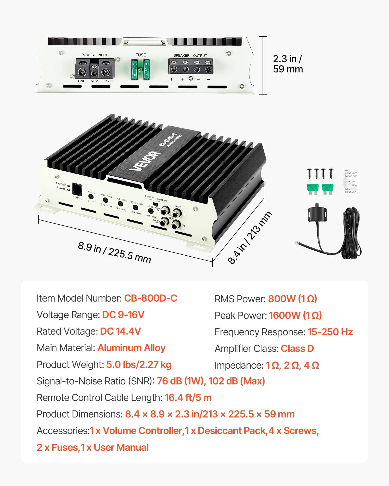 VEVOR Monoblock Car Amplifier, 800W RMS MAX, 1/2/4 Ohm Stable, 1-Channel Class D Car Audio Amplifier with Remote Subwoofer Level Control, Low Pass Filter, Bass Boost & Phase Shift, Volume Controller