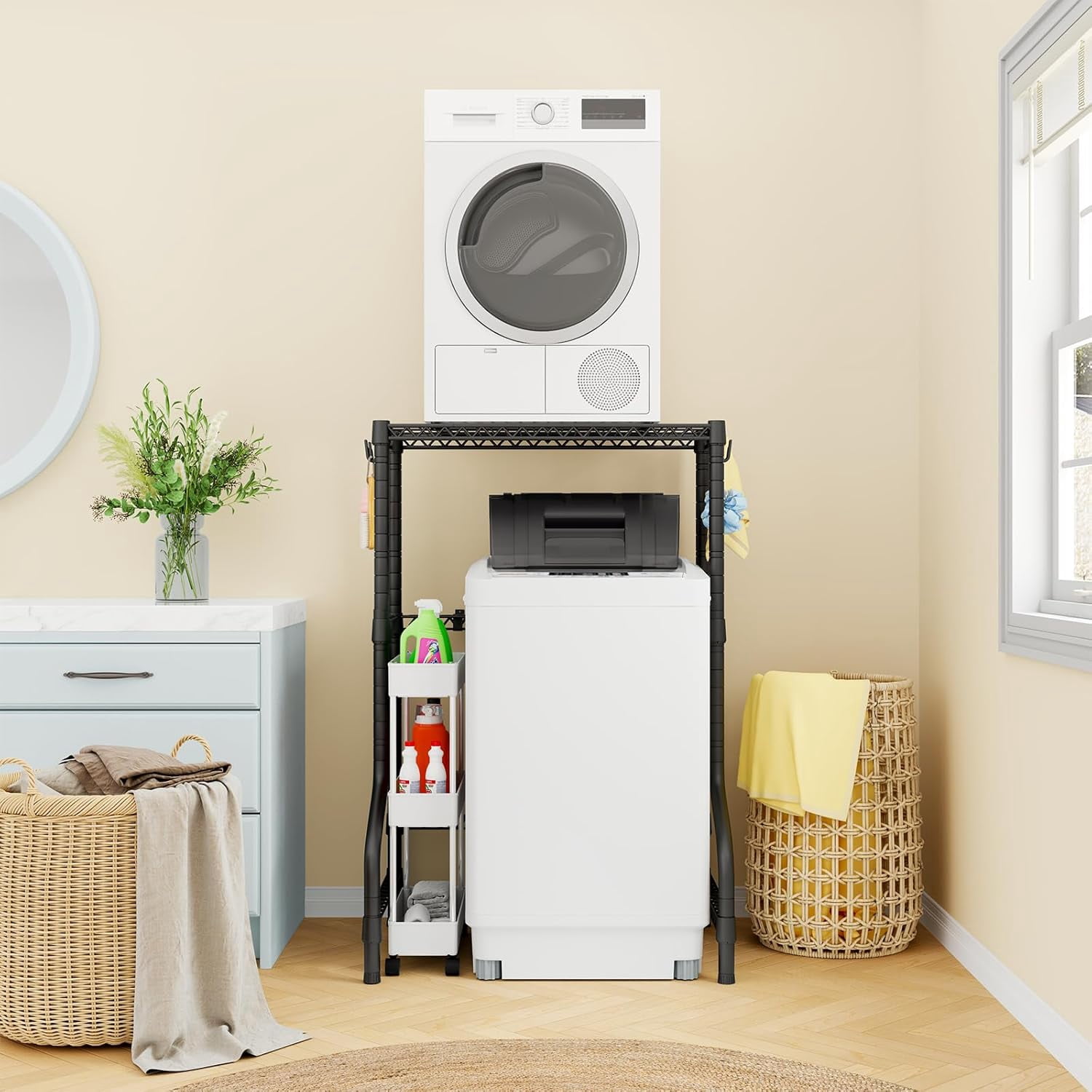 Upgraded Washer Dryer Stacking Rack for Narrow Spaces, Metal Over-Unit Storage Shelves, Black