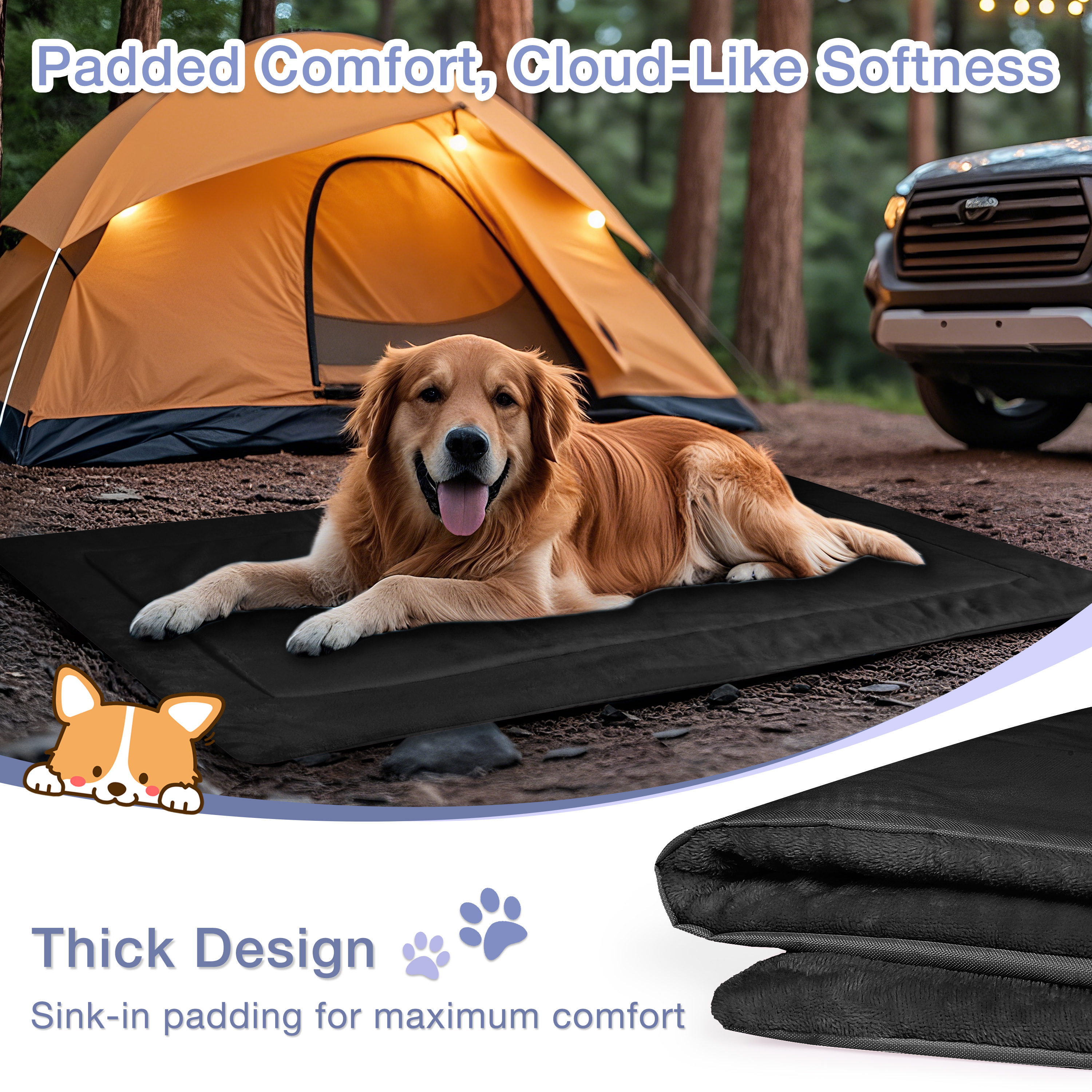 Kritter Planet Reversible Waterproof Foldable Dog Bed Pad for Camping & Travel, Portable Roll-Up Dog Bed Car Seat Pet Cushion Mat with Handles for Small & Medium Dogs, Indoor & Outdoor Use