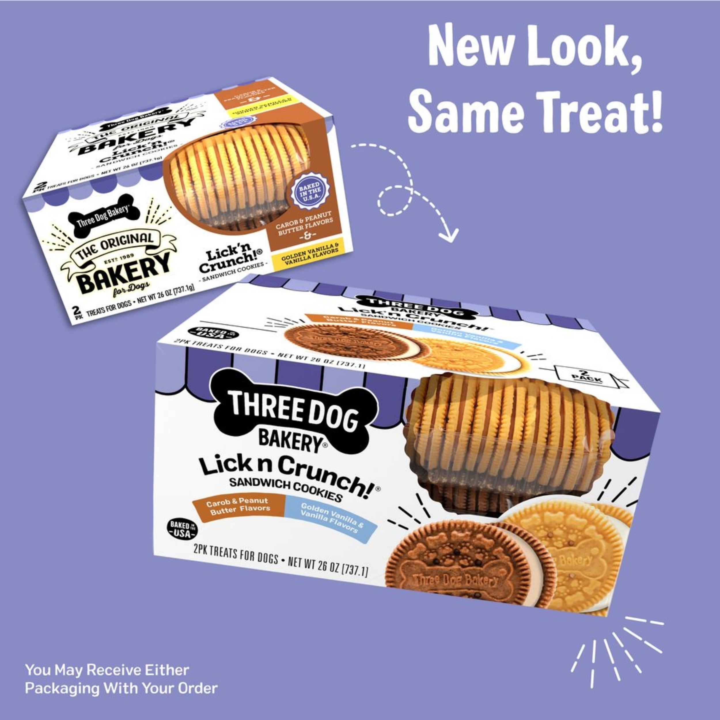 (4 pack) Three Dog Bakery Lick'n Crunch Sandwich Cookies, Carob and Peanut Butter and Golden and Vanilla Flavor, Crunchy Dog Treats, 26 oz.