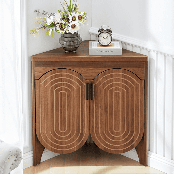LEFHDA Mid-Century Modern Corner Cabinet, 30" Tall 2-Tier Storage with Curved Doors & Adjustable Shelves for Bathroom, Living Room, Entryway (Walnut)