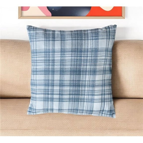 HomeRoots 549443 24 in. Blue Check Cotton Blend Throw Pillow with Embroidery