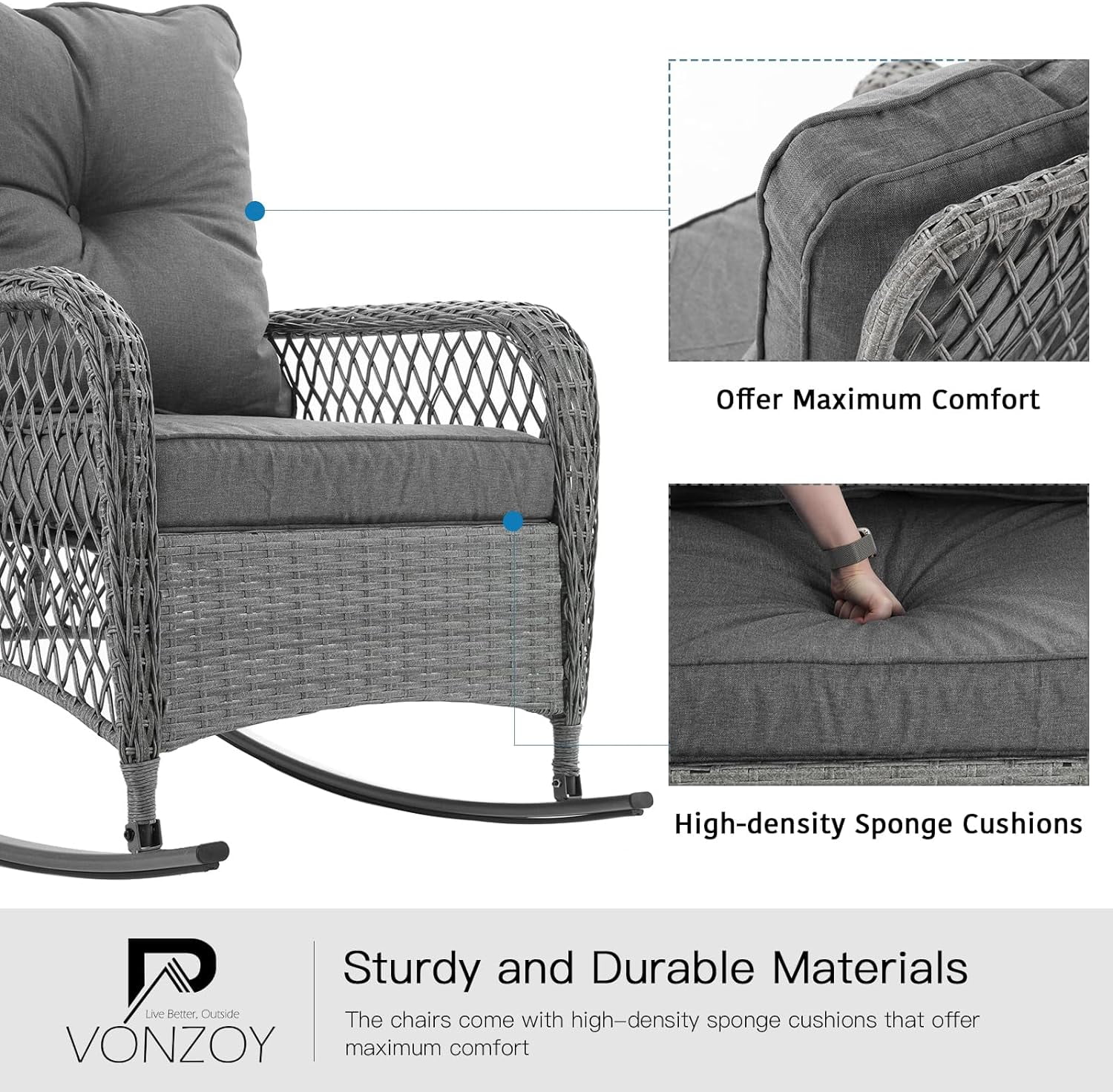 Techmilly 3-Piece Outdoor Rocking Chairs, Wicker Patio Furniture with Thickened Cushions and Table for Porch (Grey)