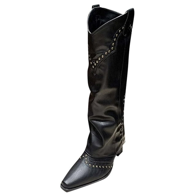 LOVZFMLL Cowboy Bottes pour Femmes Mi-Mollet Bottes Stovepipe Bout Pointu Antidérapantes Talon Bloc Bas Style Western Bottes d'Automne