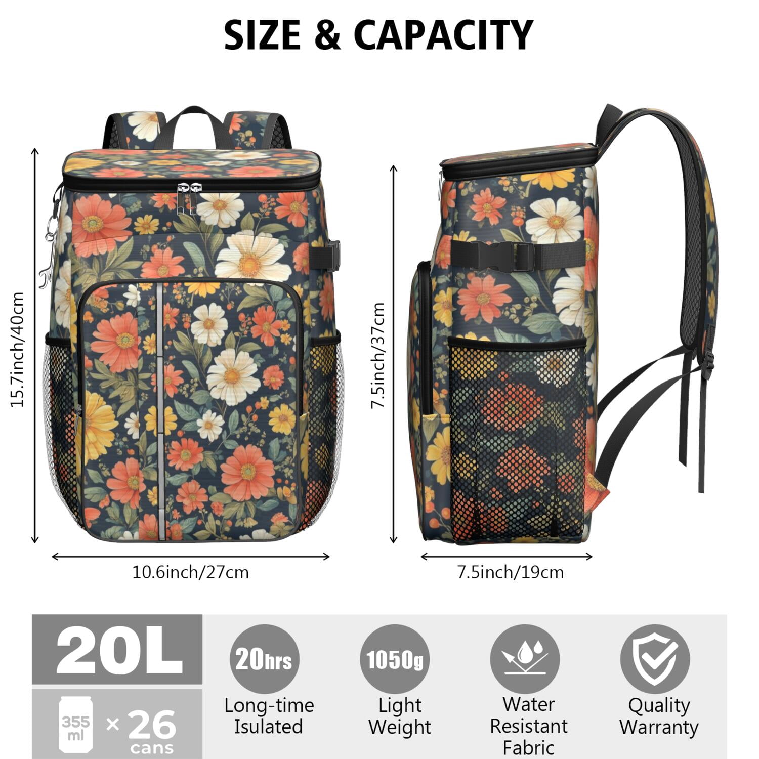 Travel Cooler Bag - Pioneer Flower Floral Print Pattern Camping Beer Cooler Backpack with Bottle Opener- Waterproof Insulated Picnic Backpacks - Cooler Bag for Beach