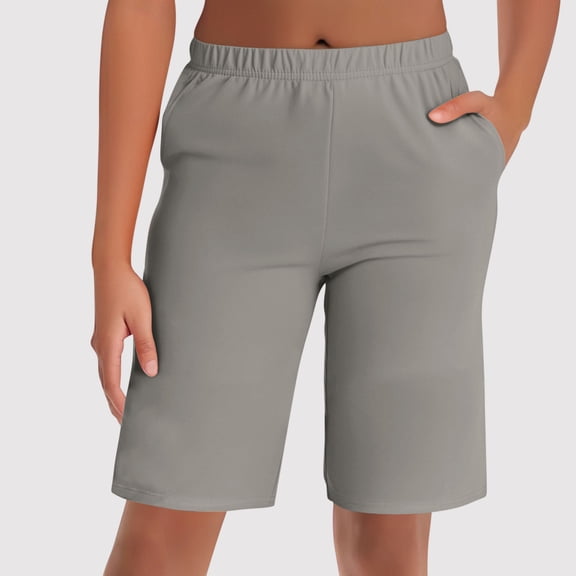 Caywon Women's High Waist Bermuda Shorts, Elastic Waistband Side Pockets, Relaxed Fit Soft Stretch Solid Color Shorts for Summer, Outdoor and Everyday Wear