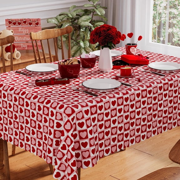 Valentines Tablecloth Rectangle 60x84 Inch, Washable Red Pink Love Heart Valentines Day Tablecloth Waterproof Scalloped Edge Dining Table Cloth Sweet Home Party Decorations