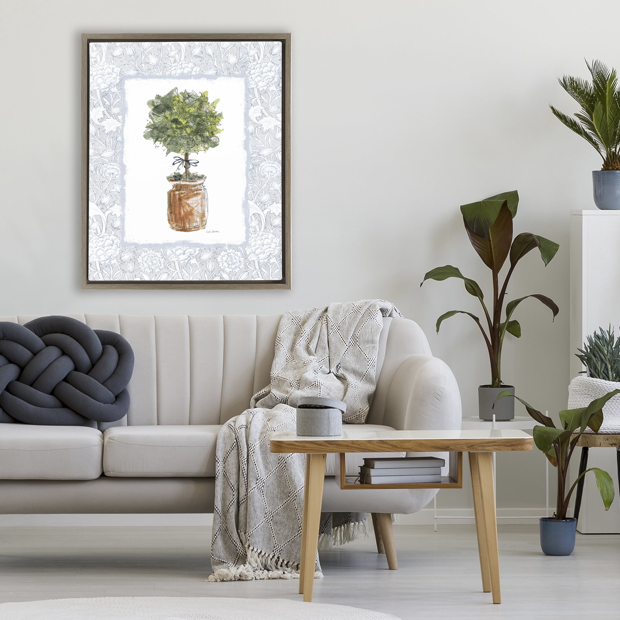 Stupell Industries Potted Topiary with Ribbon Brown Framed Floater Canvas Wall Art, design by Carol Robinson