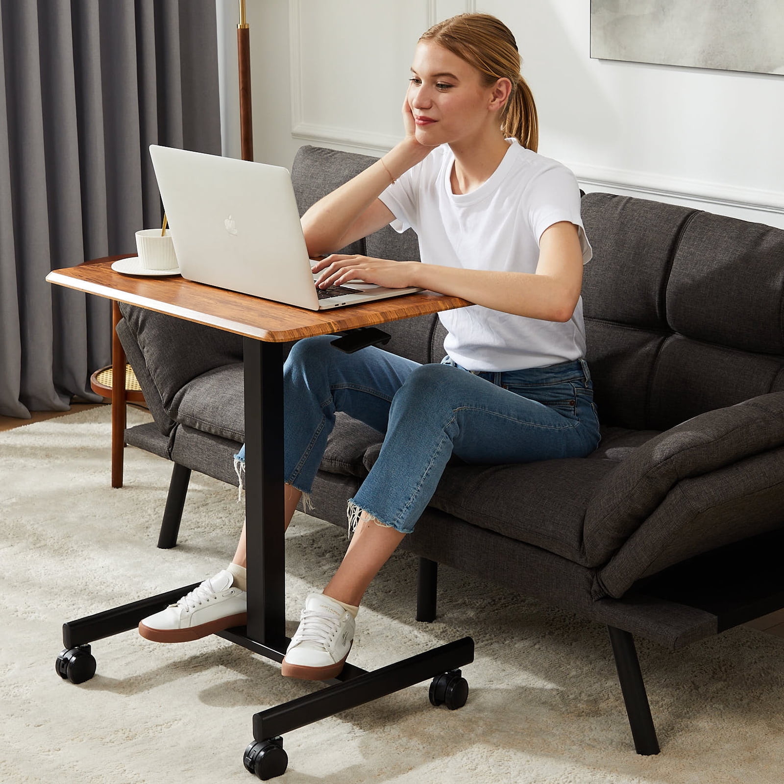 CONCETTA Small Mobile Standing Desk, Portable Rolling Laptop Cart with Adjustable Height and Wheels, Computer Table for Home Office, Rust Brown