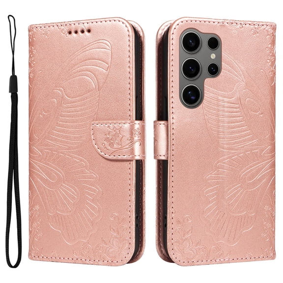 ELEHOLD Wallet Case for Samsung Galaxy S25 Ultra, Butterfly Embossed Phone Case with Kickstand and Card Slots, Shockproof Leather Cover with Wrist Strap,Rosegold