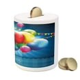 thumbnail image 3 of Birthday Piggy Bank, Vibrant Colored Realistic Balloons and Party Flags on Blue Backdrop Happiness, Ceramic Coin Bank Money Box for Cash Saving, 3.6" X 3.2", Multicolor, by Ambesonne, 3 of 4