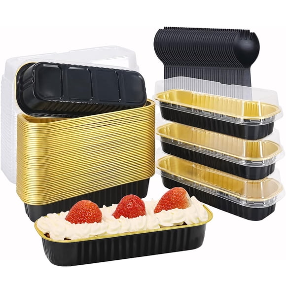 Moldes para pasteles con tapa,rectangulares de 6.8 onzas,100 mini moldes para pan de aluminio, 100 cucharas de postre con tapa, reutilizables,horneables, aptos para brownies pasteles pan