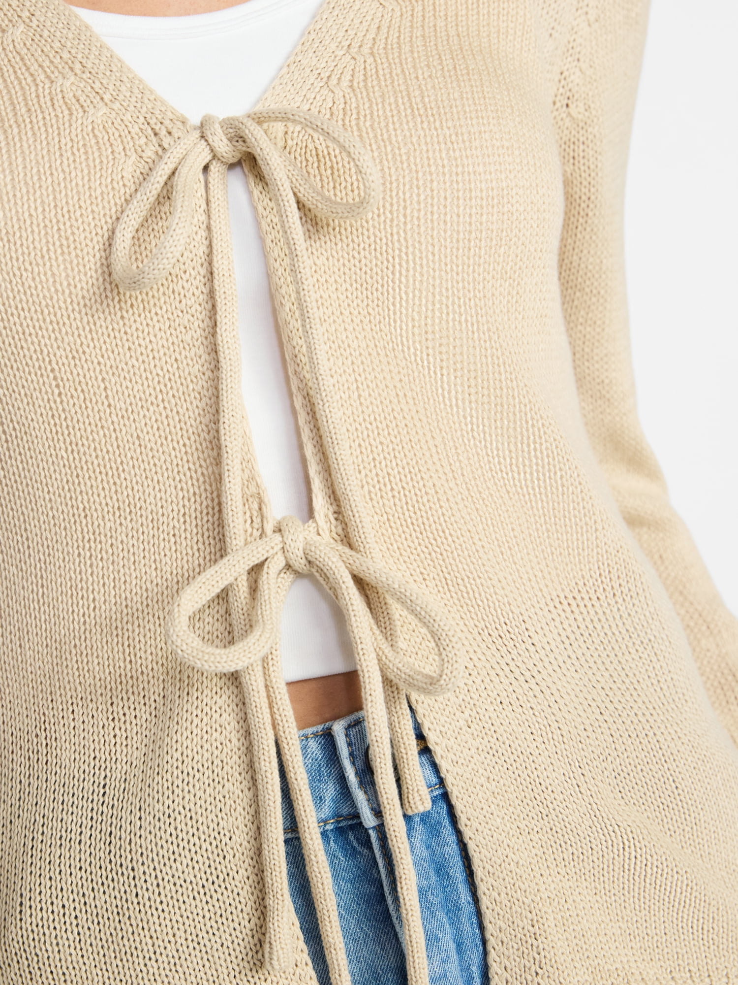 No Boundaries Tie Front V-Neck Cardigan with Bell Sleeves, Women's & Women's Plus XXS-4X