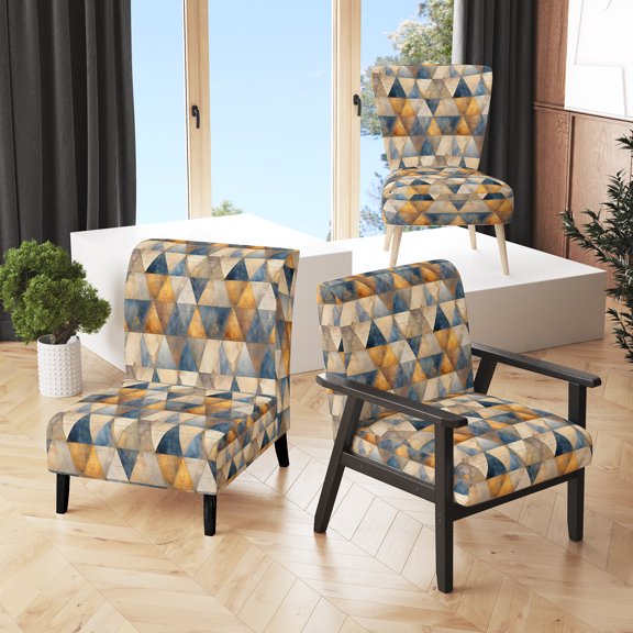 Designart "Mosaic Of Beige And Blue Triangles" Blue Triangles Upholstered Accent Chair - Modern Arm Chair For Bedroom