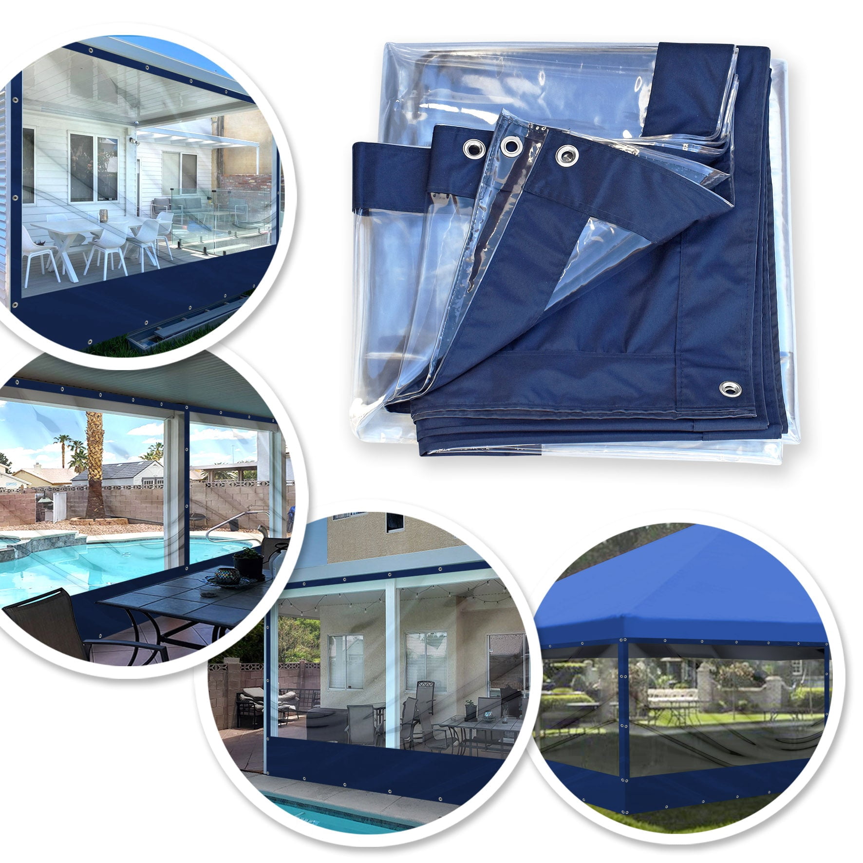 SUNNYOUTDOOR 8x20 ft PVC Vinyl Tarp Clear Sidewall for Straight Canopy Tent Transparent Sunwall with Bottom Fabric 16 Mil (Blue)