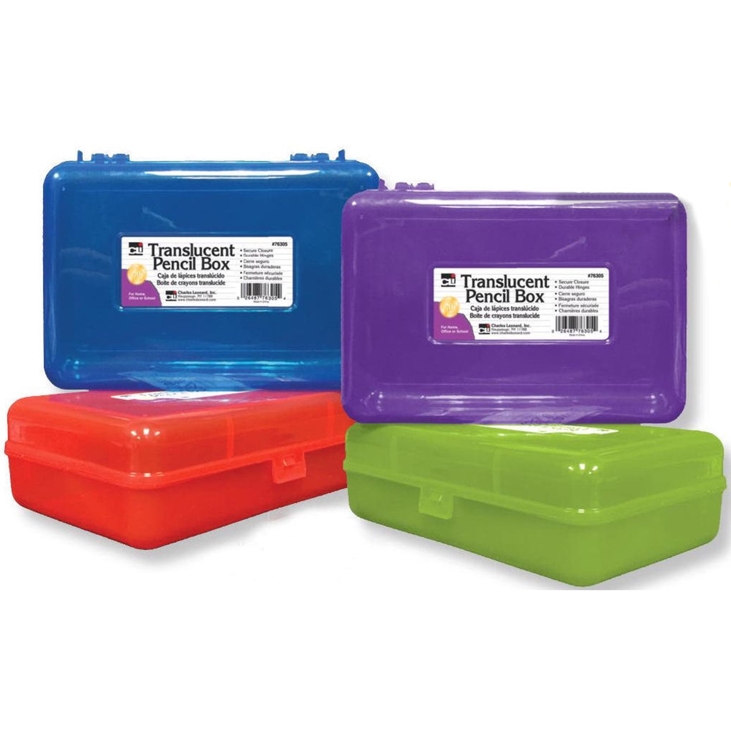 Charles Leonard Pencil Box School Storage Box 8-1/4"W x 5-1/4"D x 2-1/2"H Translucent Assorted Colors, Pack of 3