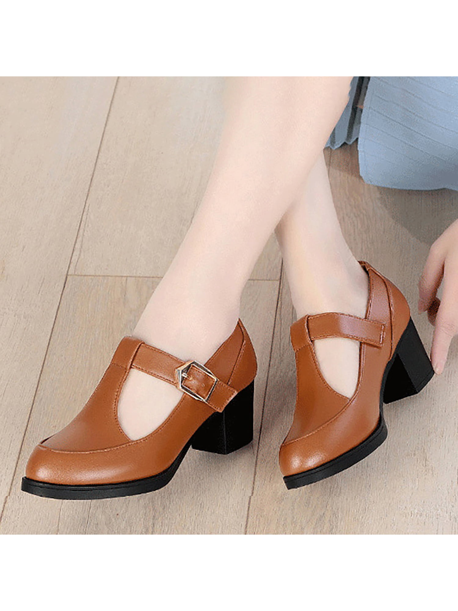 Gomelly Womens Casual Shoes T-Strap Flats Comfort Mary Jane Vintage Leather  Shoe Women Ladies Brown 5