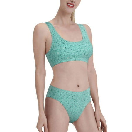 Uemuo Teal Turquoise Glitter Printed Women s High Waisted Bikini Sets Sporty Two Piece Swimsuits Color Block Cheeky High Cut Bathing Suits-Small