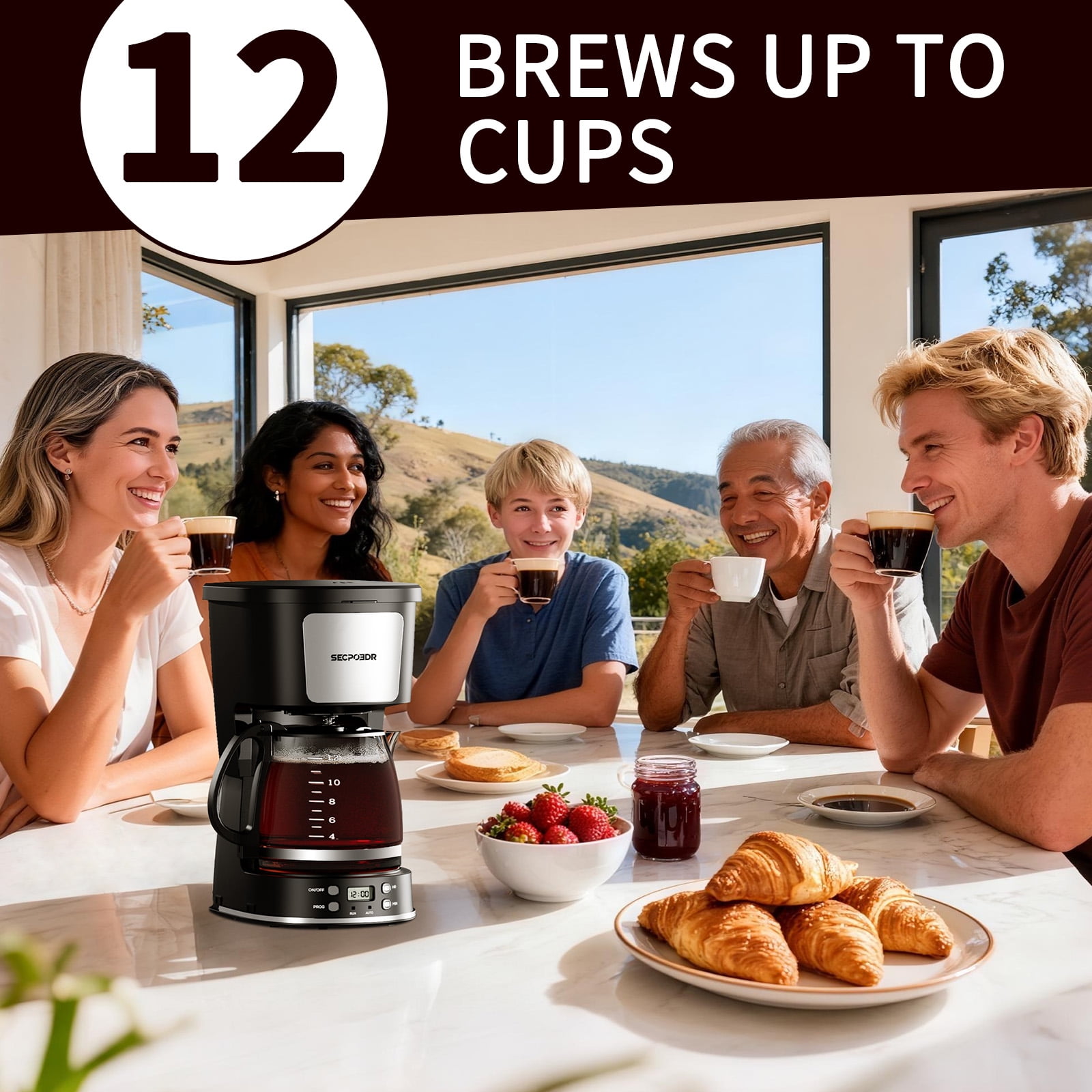 SECPOEDR 12 Cup Drip Programmable Coffee Maker, Easy Pour, Non-Drip Carafe with Removable Filter Basket for Kitchen, Office Black