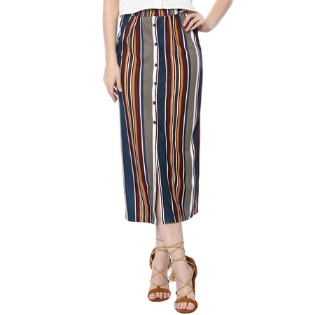 Multi Heart Dress - Women's Button Down Maxi Skirt Front Slit Hem Striped Decorative Long Dress Multi M (US 10)