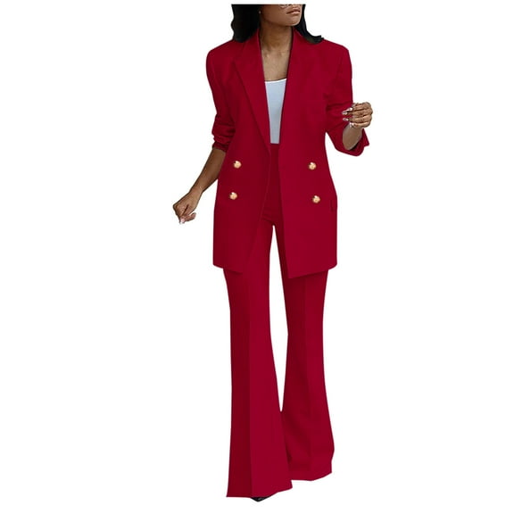 XFLWAM Women's Two Piece Outfits Casual Open Front Blazer and Elastic Waist Flared Pants Suits Set Red L