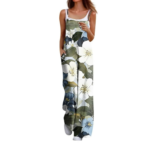 Womens Jumpsuits Wide Leg Floral Print Rompers Casual Trendy Spaghetti Strap Sleeveless Bib Overalls with Pockets