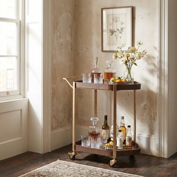 Stela Bar Cart Walnut Serving Cart, Modern Style, Caster wheels for easy mobility, Steel, Indoor Bar