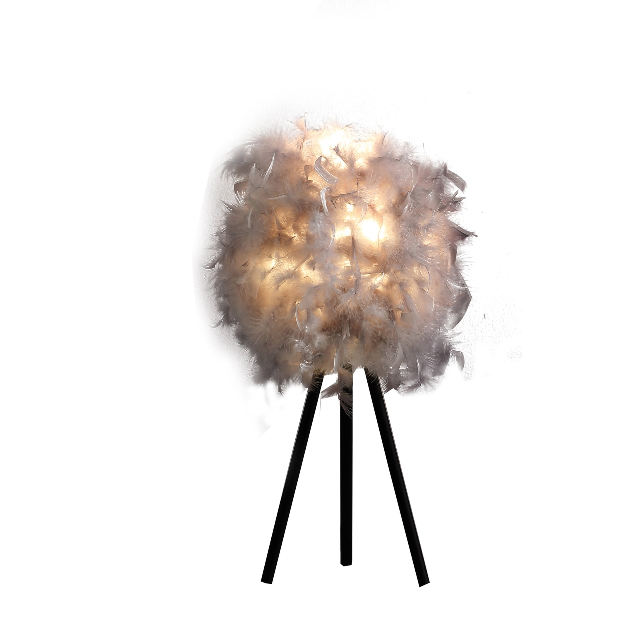 Noble House 20.5" Feather Shade Tripod Table Lamp, Matte Black Legs, Semi-Round Shade, E26 Light Bulb, Soft Gray